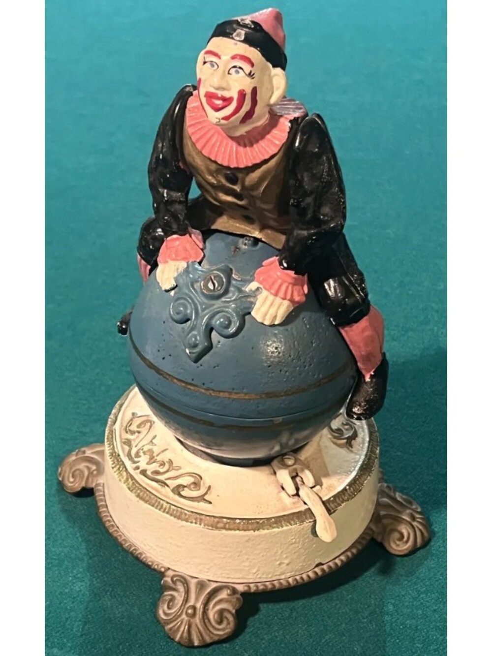 Rare Vintage Cast Iron Spinning Coin Bank Clown Official James D. Capron Replica